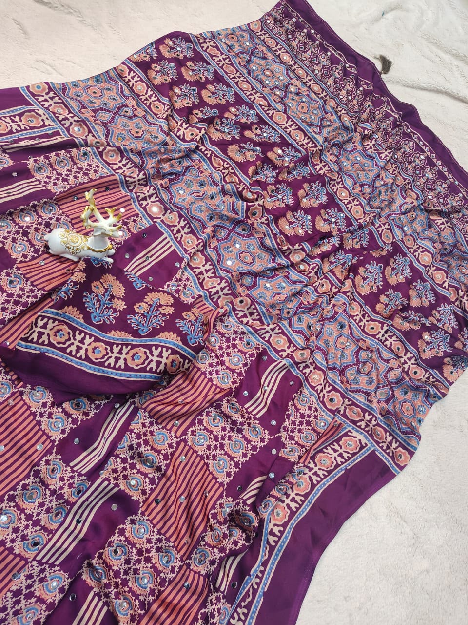 Girlish Purple Ajrakh Printed Mirror Work Satin Silk Saree With Glowing Blouse Piece