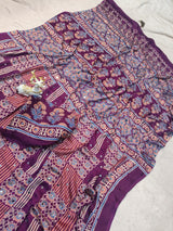 Girlish Purple Ajrakh Printed Mirror Work Satin Silk Saree With Glowing Blouse Piece