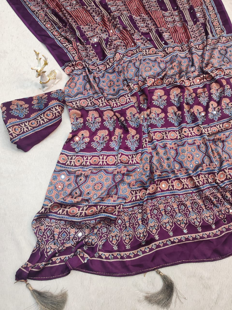 Girlish Purple Ajrakh Printed Mirror Work Satin Silk Saree With Glowing Blouse Piece
