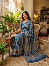 Entrancing Rama Ajrakh Printed Mirror Work Satin Silk Saree With Incredible Blouse Piece