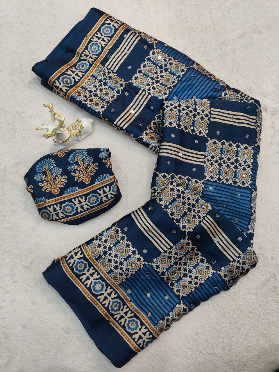 Entrancing Rama Ajrakh Printed Mirror Work Satin Silk Saree With Incredible Blouse Piece
