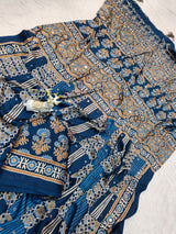 Entrancing Rama Ajrakh Printed Mirror Work Satin Silk Saree With Incredible Blouse Piece