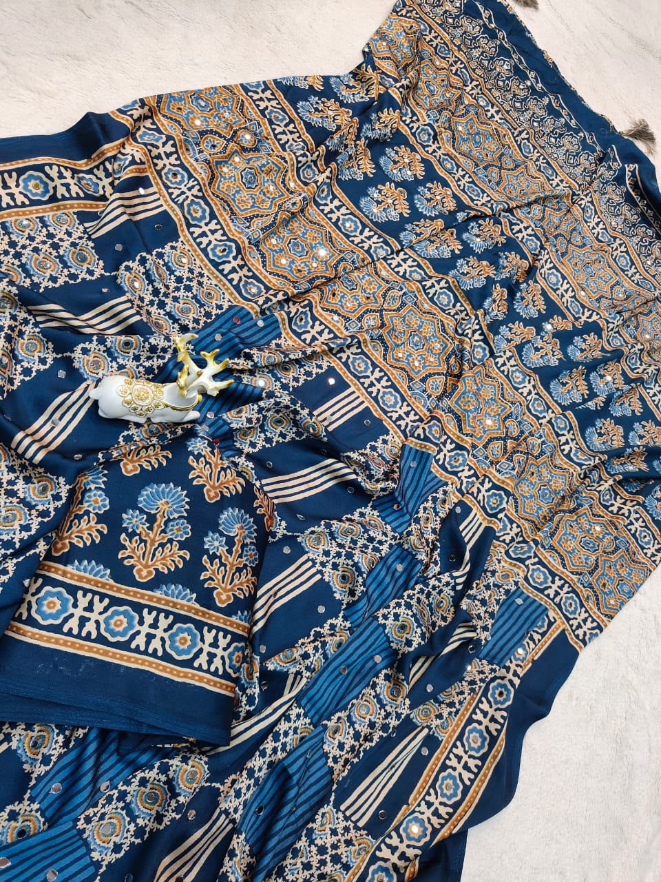 Entrancing Rama Ajrakh Printed Mirror Work Satin Silk Saree With Incredible Blouse Piece