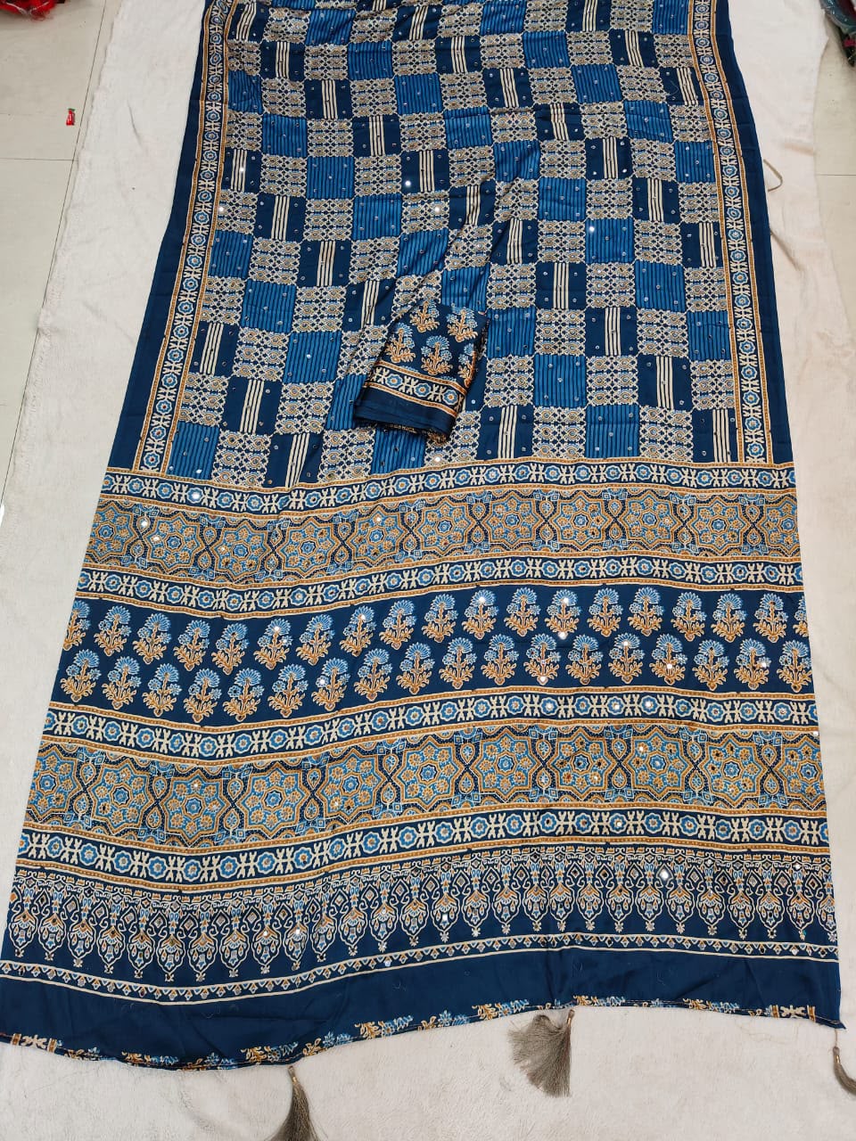 Entrancing Rama Ajrakh Printed Mirror Work Satin Silk Saree With Incredible Blouse Piece