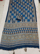 Entrancing Rama Ajrakh Printed Mirror Work Satin Silk Saree With Incredible Blouse Piece