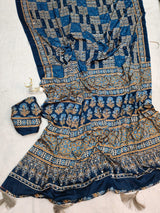 Entrancing Rama Ajrakh Printed Mirror Work Satin Silk Saree With Incredible Blouse Piece