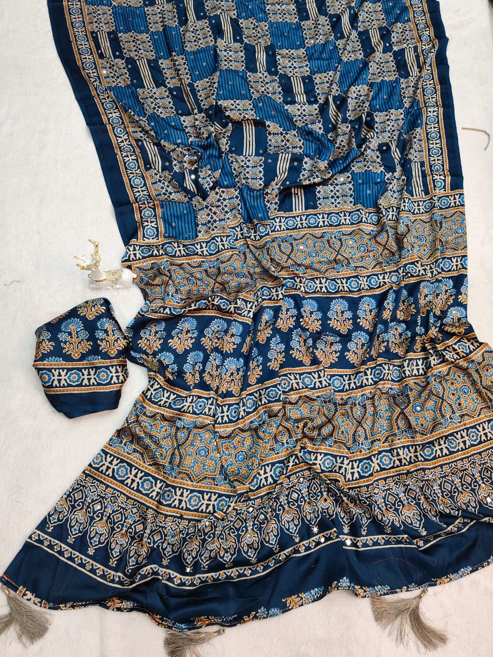 Entrancing Rama Ajrakh Printed Mirror Work Satin Silk Saree With Incredible Blouse Piece