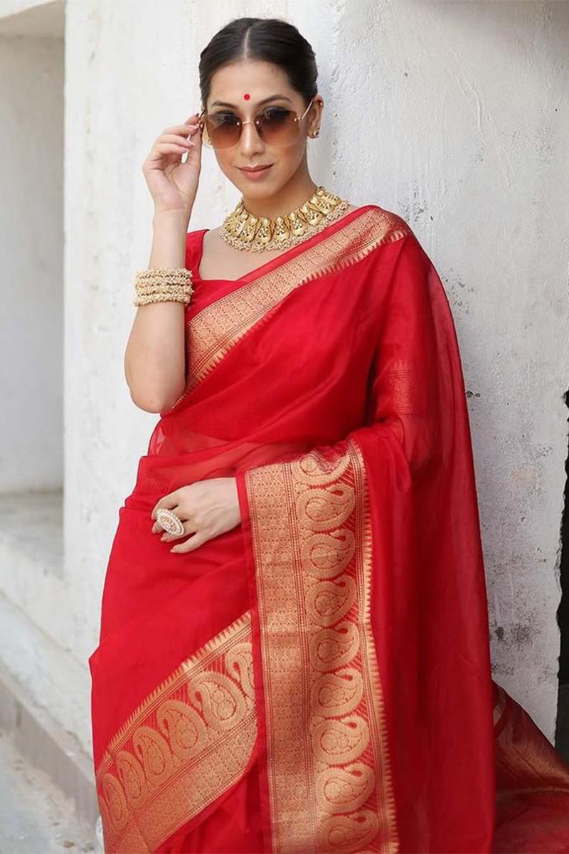 Surreptitious Red Organza Silk Saree With Vestigial Blouse Piece
