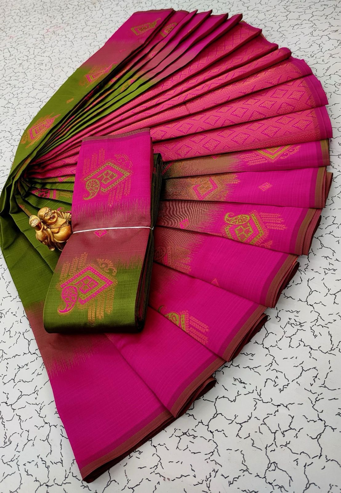 Ideal Mehndi Soft Banarasi Silk Saree With Bewitching Blouse Piece