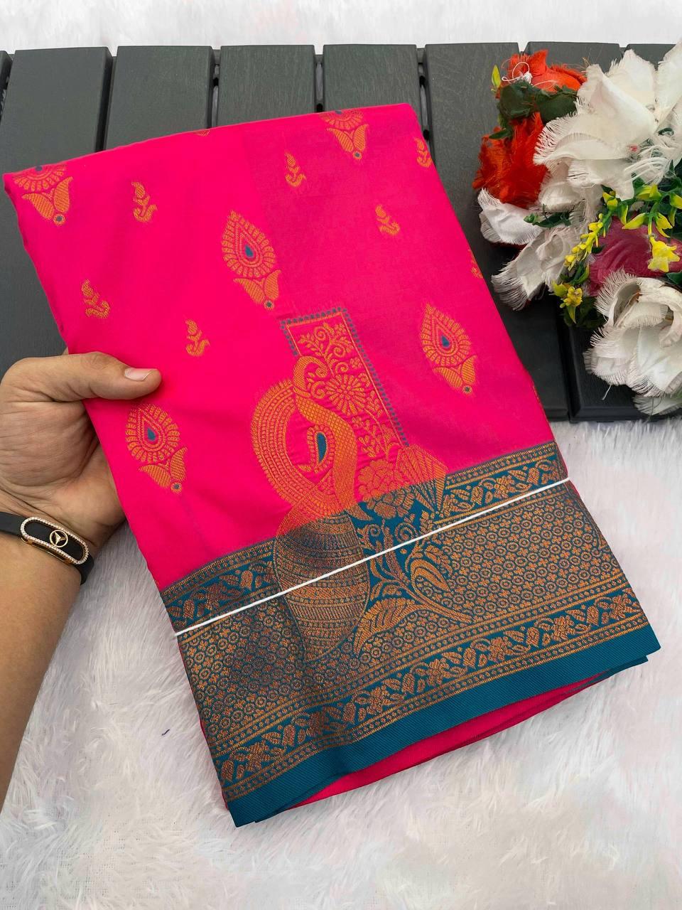 Evanescent Dark Pink Soft Banarasi Silk Saree With Palimpsest Blouse Piece