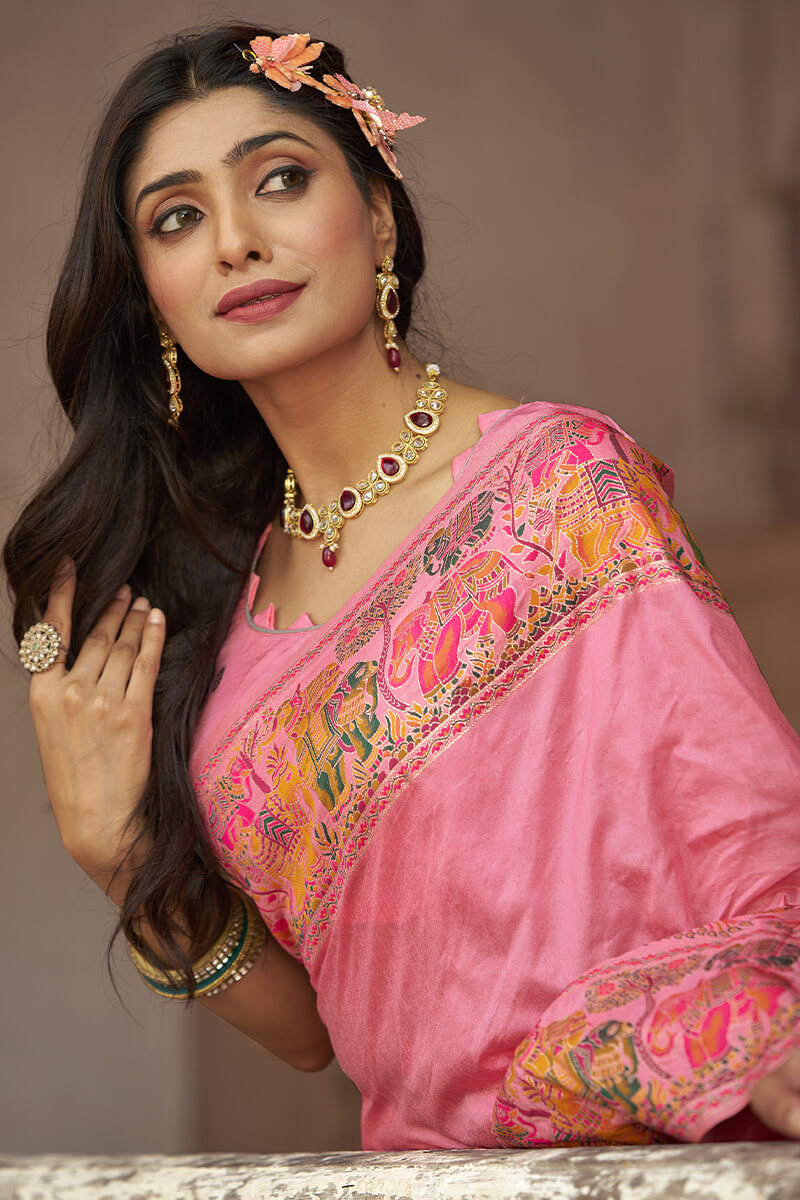 Elision Baby Pink Pashmina Saree With Demure Blouse Piece
