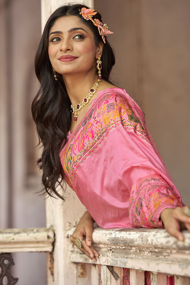 Elision Baby Pink Pashmina Saree With Demure Blouse Piece