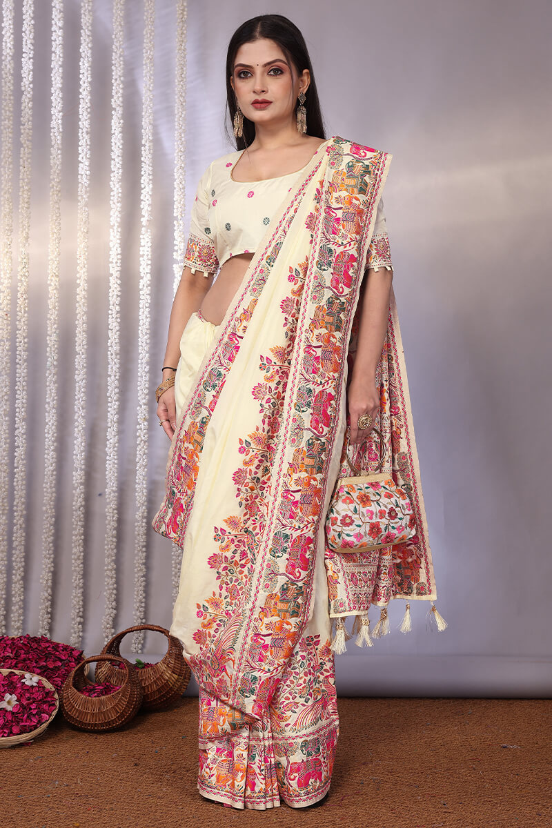 Gossamer Beige Pashmina Saree With Stylish Blouse Piece