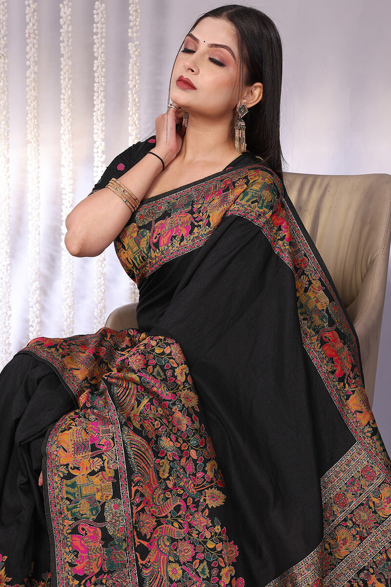 Entrancing Black Pashmina Saree With Winsome Blouse Piece