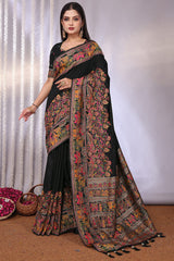 Entrancing Black Pashmina Saree With Winsome Blouse Piece