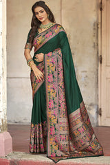 Flattering Dark Green Pashmina Saree With Mellifluous Blouse Piece