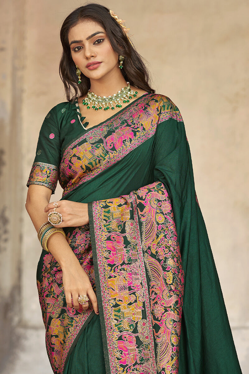 Flattering Dark Green Pashmina Saree With Mellifluous Blouse Piece