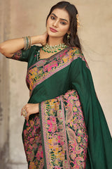 Flattering Dark Green Pashmina Saree With Mellifluous Blouse Piece