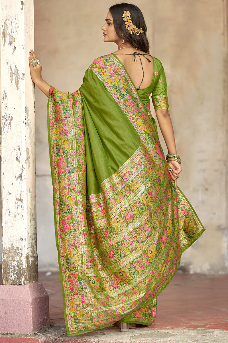 Surreptitious Green Pashmina Saree With Inspiring Blouse Piece