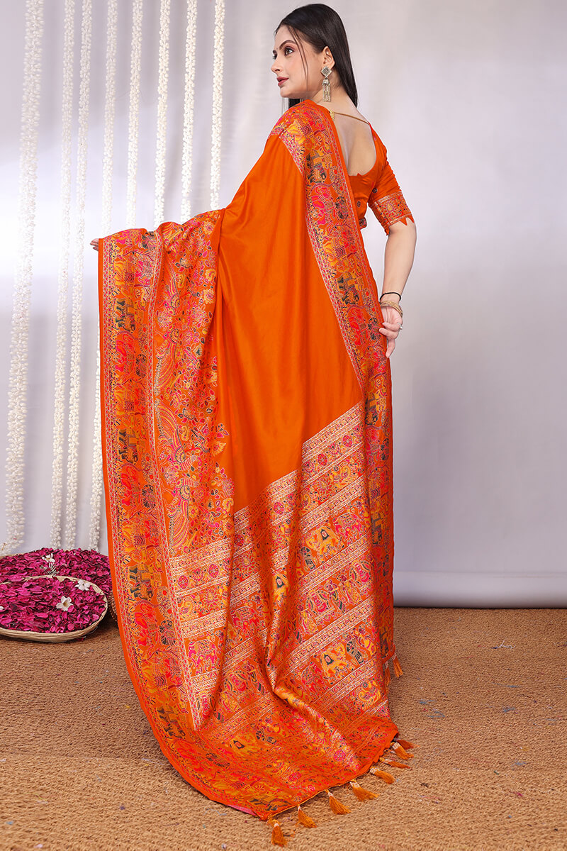 Vibrant Orange Pashmina Saree With Panache Blouse Piece