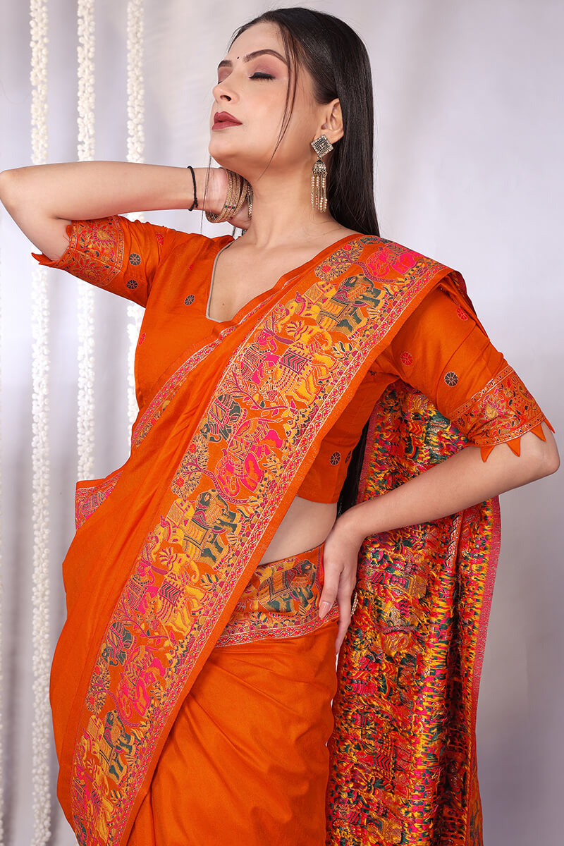 Vibrant Orange Pashmina Saree With Panache Blouse Piece