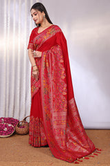 Dazzling Red Pashmina Saree With Fugacious Blouse Piece
