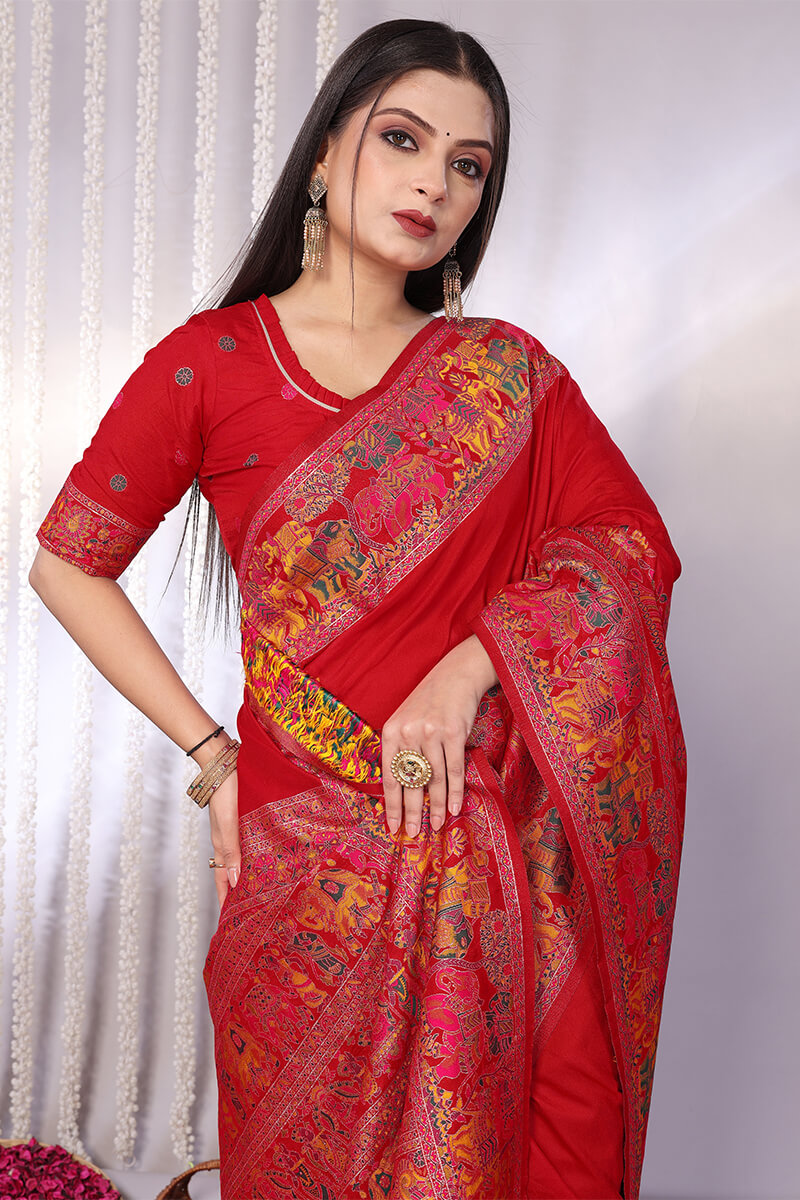 Dazzling Red Pashmina Saree With Fugacious Blouse Piece