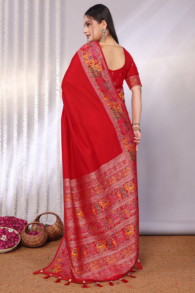Dazzling Red Pashmina Saree With Fugacious Blouse Piece