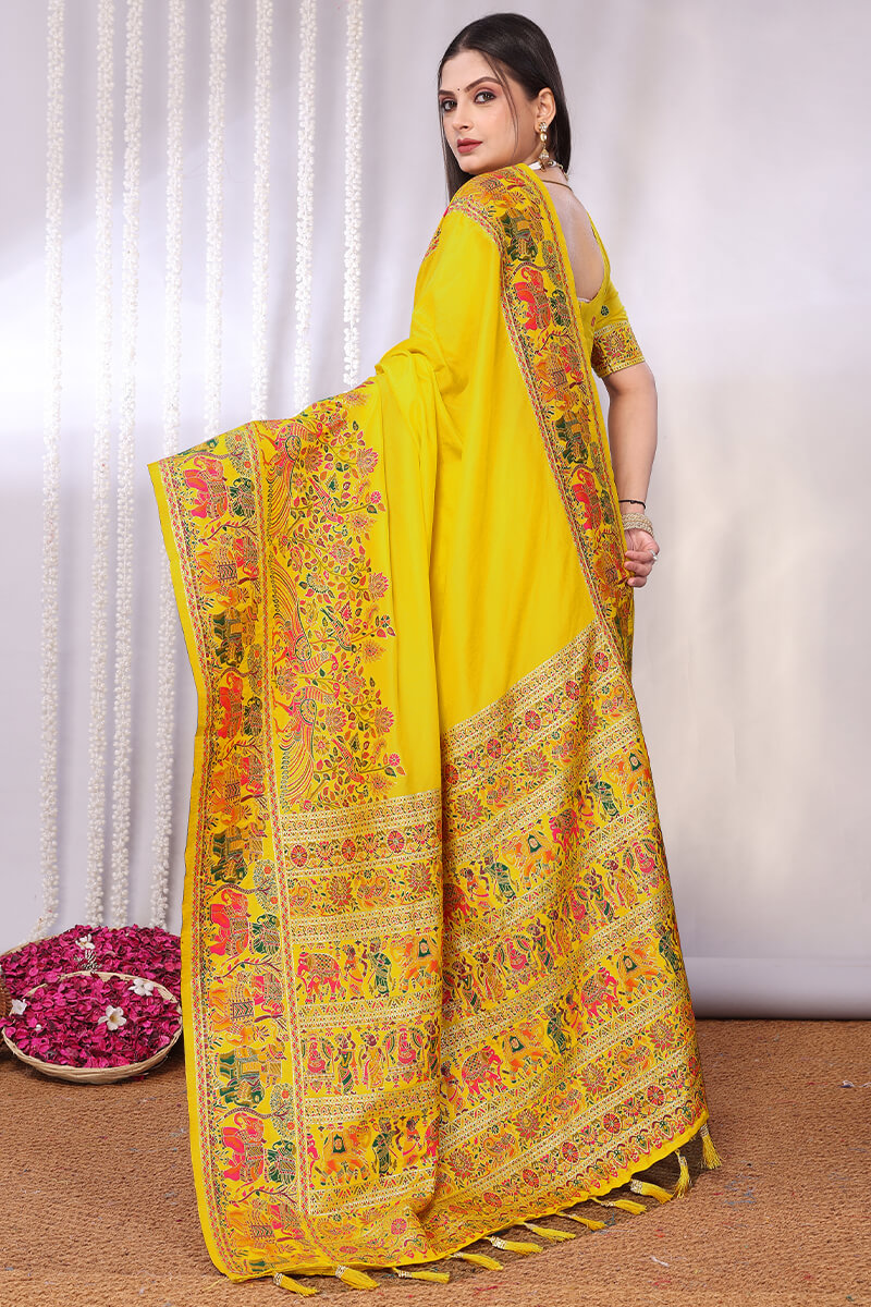 Angelic Yellow Pashmina Saree With Smashing Blouse Piece