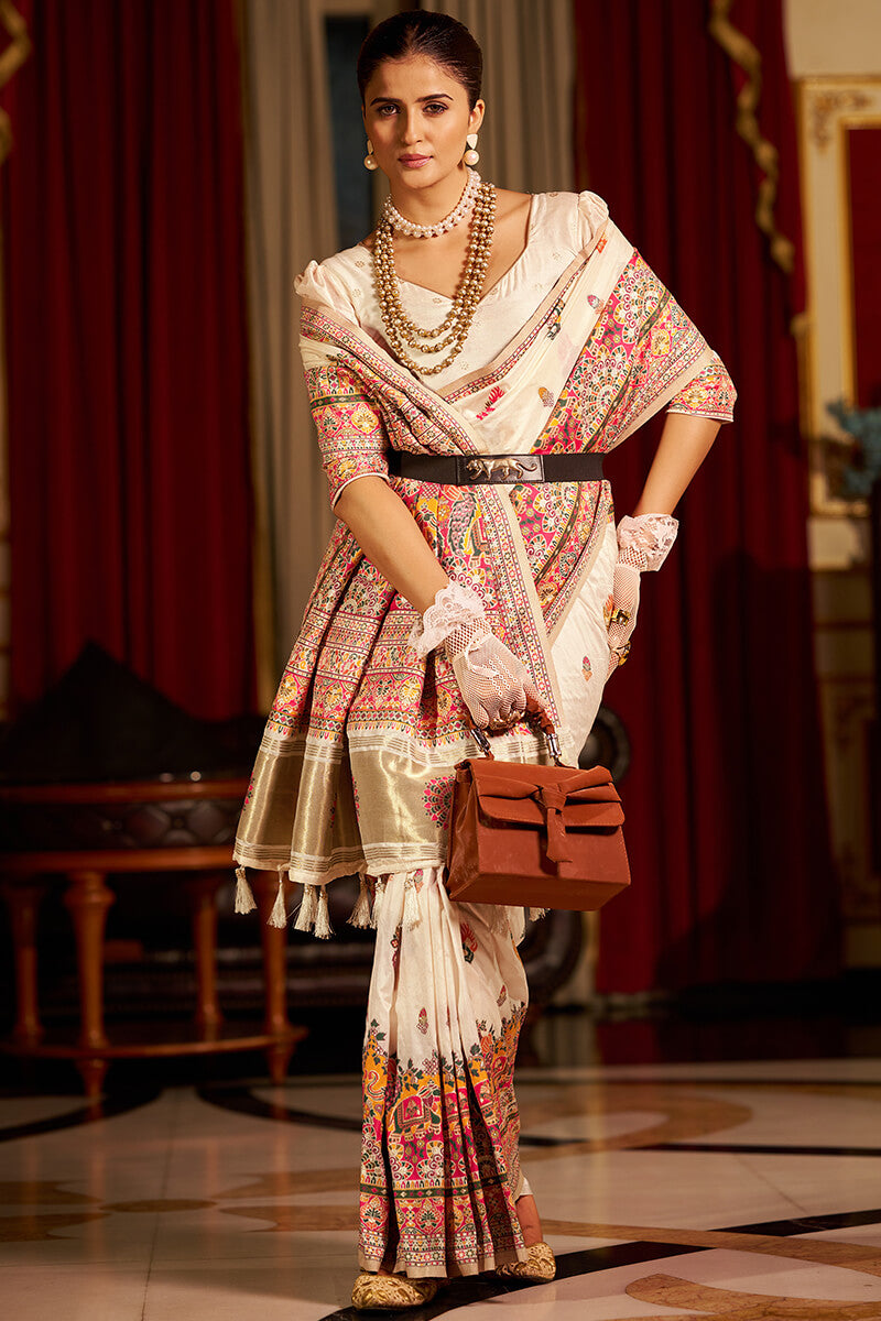 Petrichor Beige Pashmina Saree With Outstanding Blouse Piece