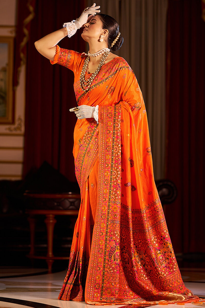 Fragrant Orange Pashmina Saree With Wonderful Blouse Piece
