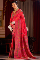 Piquant Red Pashmina Saree With Bucolic Blouse Piece