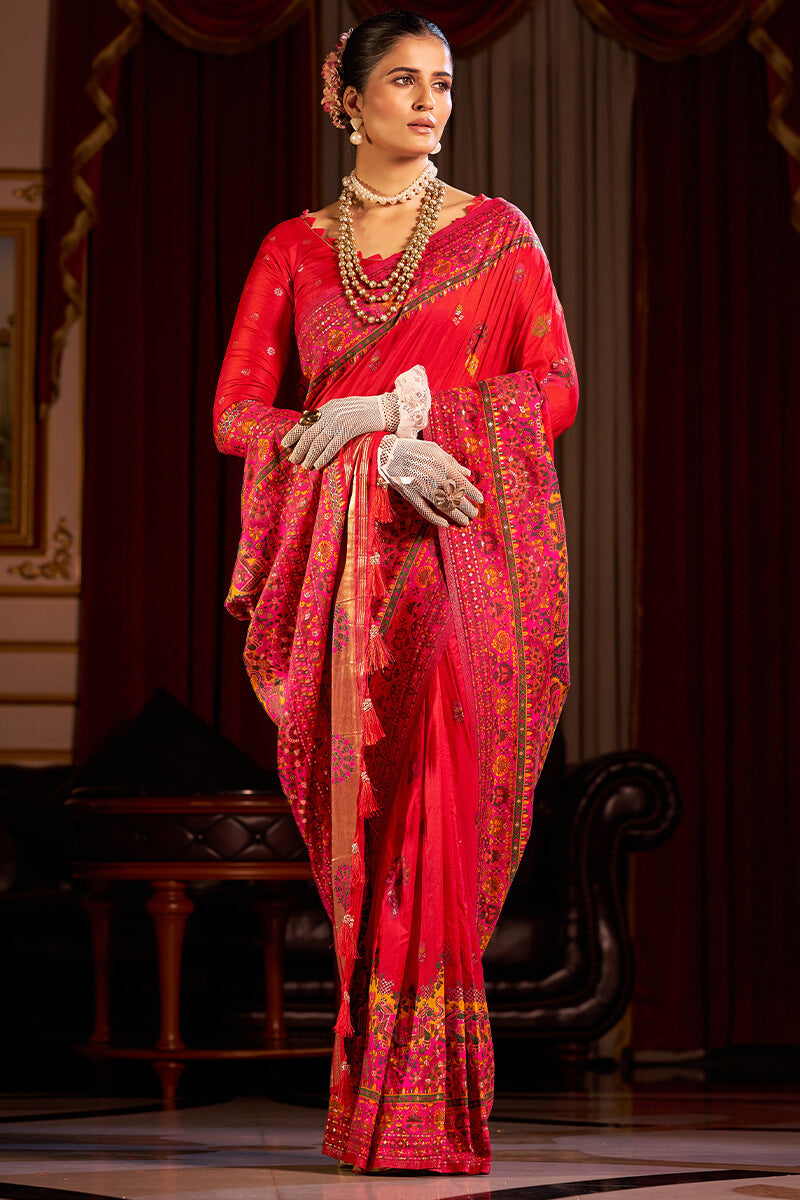 Piquant Red Pashmina Saree With Bucolic Blouse Piece