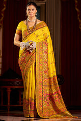 Exceptional Yellow Pashmina Saree With Pleasurable Blouse Piece