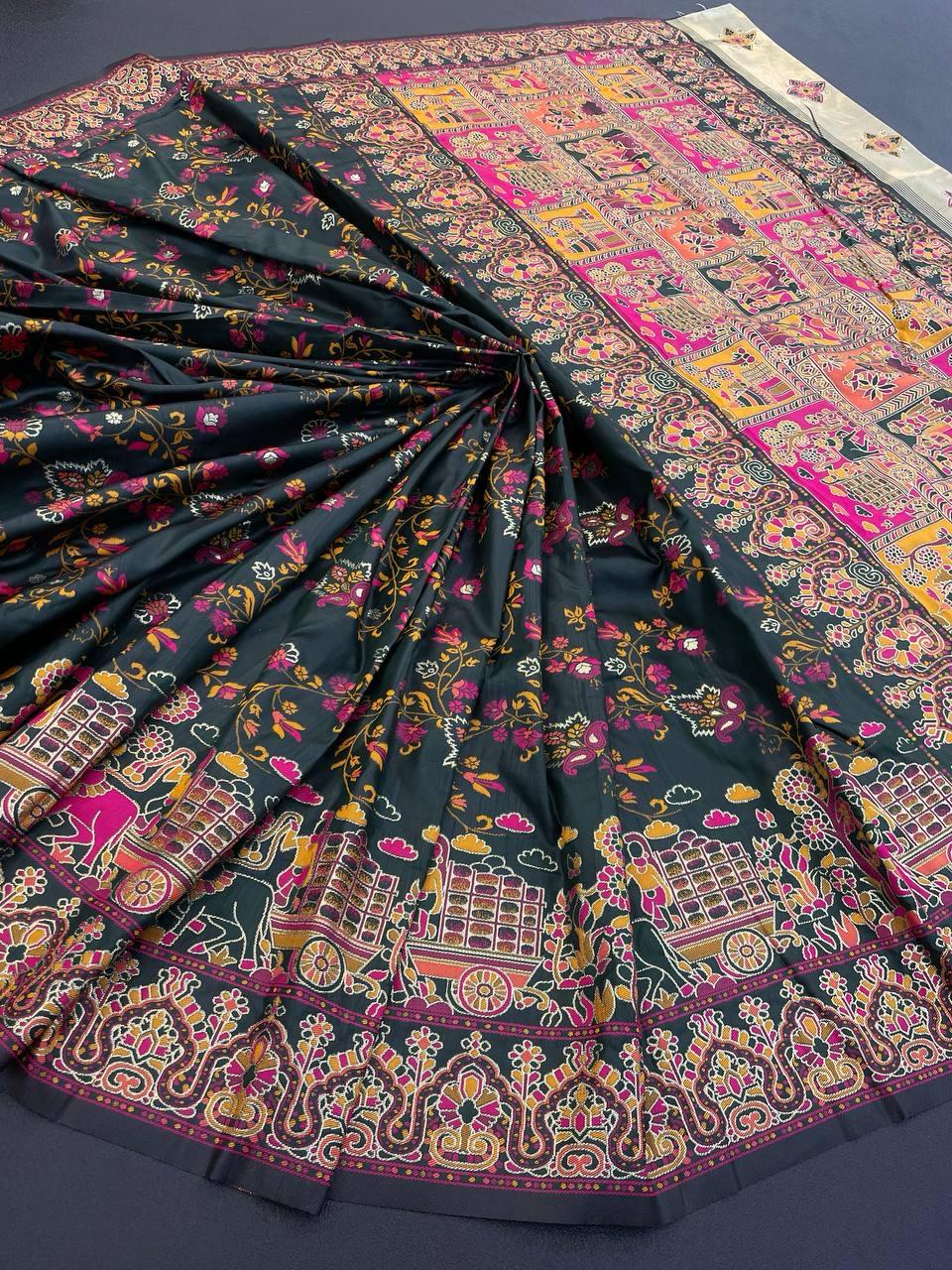 Magnificat Black Pashmina Saree With Comely Blouse Piece