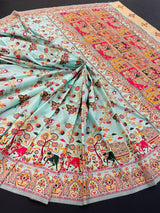 Comely Sky Pashmina Saree With Blooming Blouse Piece