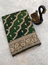 Adorable Dark Green Soft Banarasi Silk Saree With Whimsical Blouse Piece