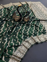 Adorable Dark Green Soft Banarasi Silk Saree With Whimsical Blouse Piece