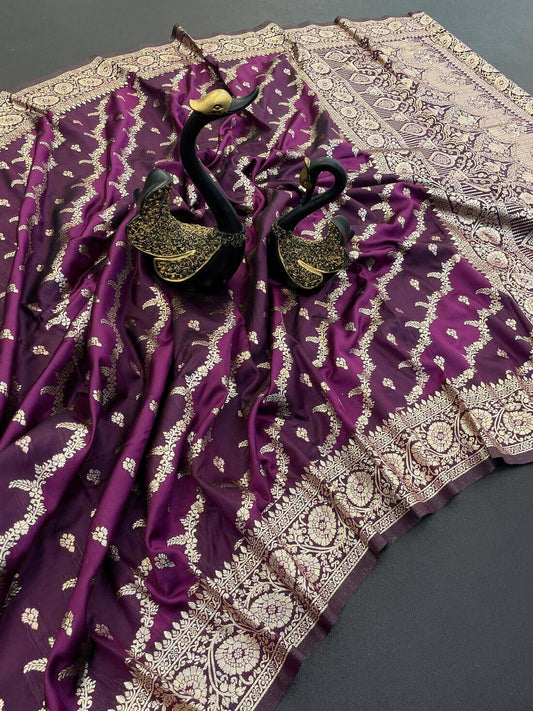 Glowing Wine Soft Banarasi Silk Saree With Vibrant Blouse Piece