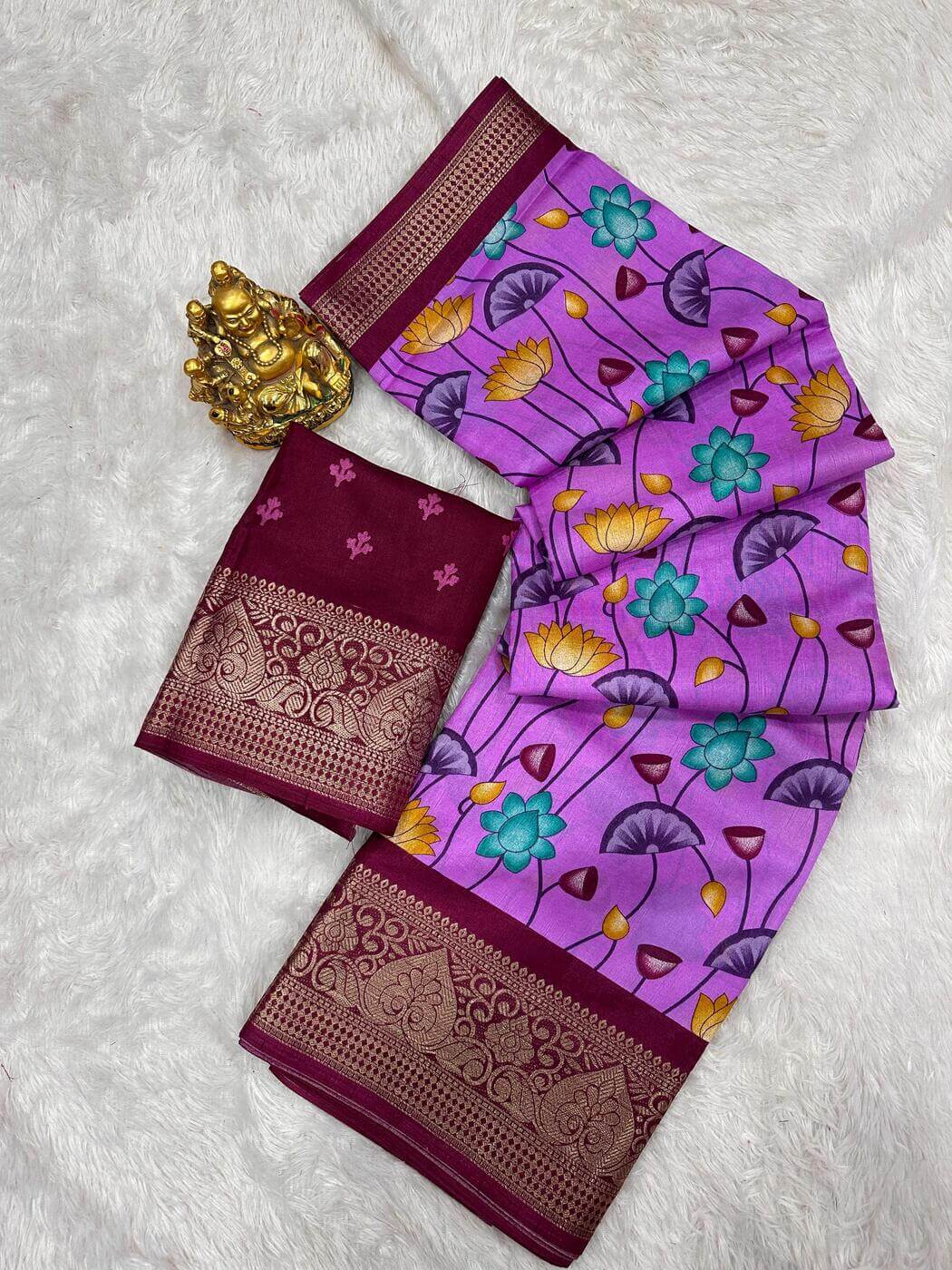 Glowing Lavender Digital Printed Dola Silk Saree With Incredible Blouse Piece
