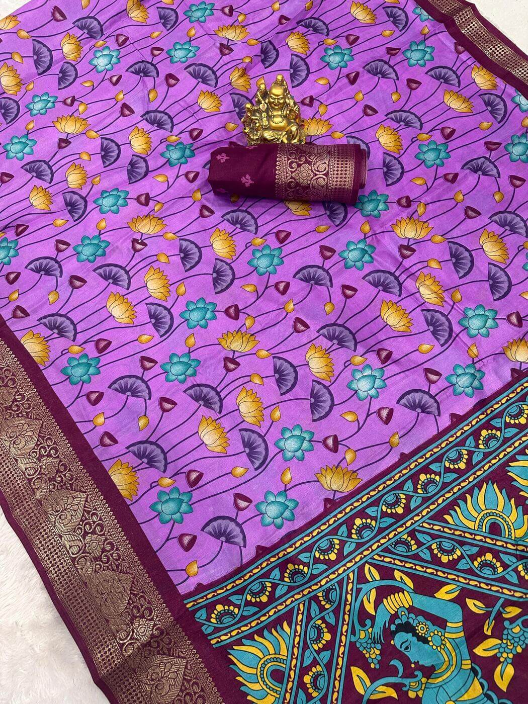 Glowing Lavender Digital Printed Dola Silk Saree With Incredible Blouse Piece