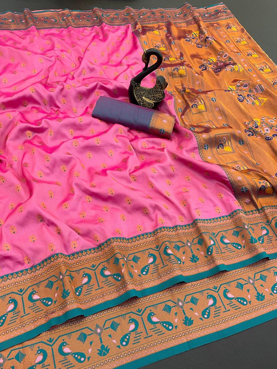 Vivacious Pink Paithani Silk Saree With Groovy Blouse Piece
