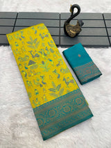 Staggering Yellow Soft Banarasi Tissue Silk Saree With Classy Blouse Piece