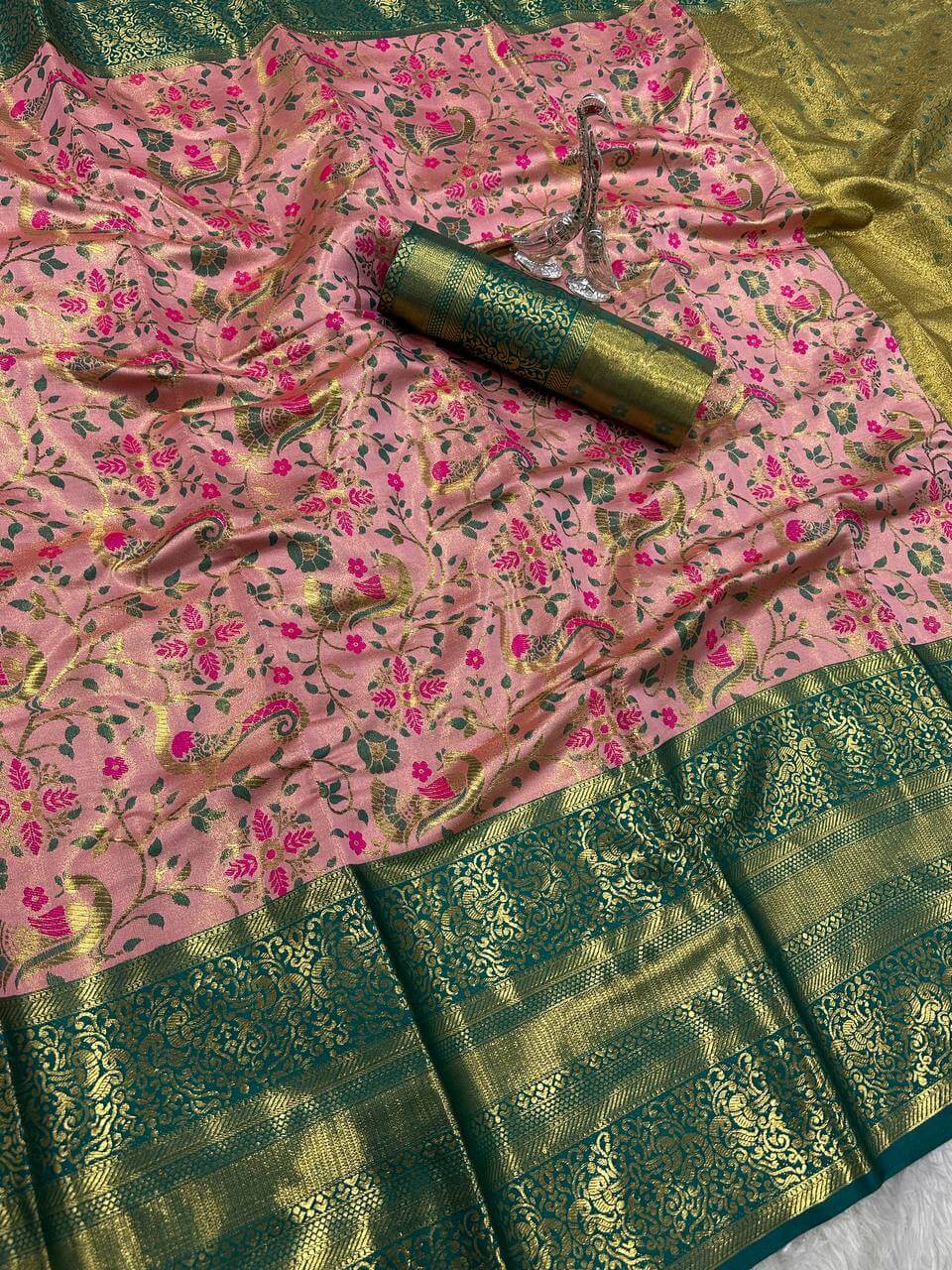 Imaginative Baby Pink Kanjivaram Silk Saree With Ravishing Blouse Piece