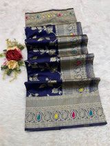Assemblage Navy Blue Soft Banarasi Silk Saree With Classy Blouse Piece