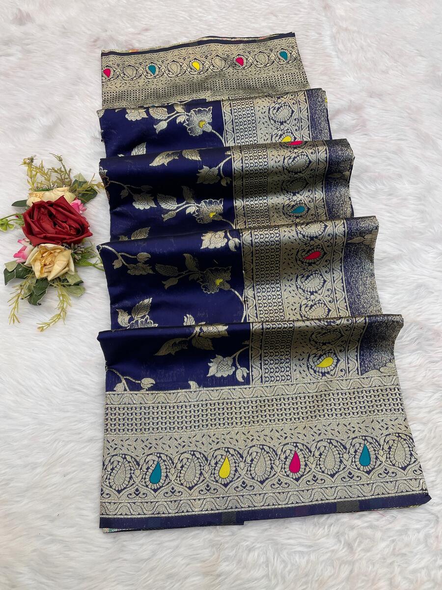 Assemblage Navy Blue Soft Banarasi Silk Saree With Classy Blouse Piece