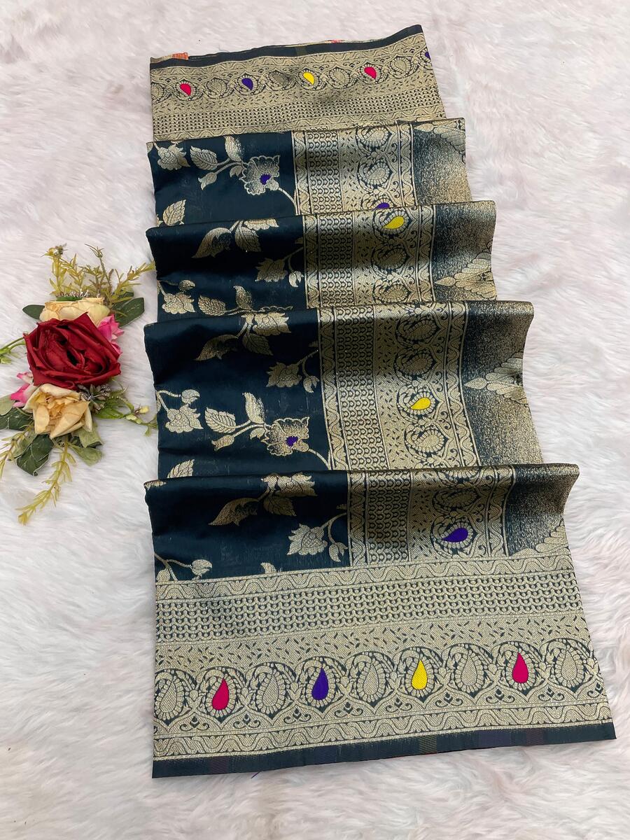 Magnetic Teal Blue Soft Banarasi Silk Saree With Petrichor Blouse Piece
