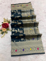 Magnetic Teal Blue Soft Banarasi Silk Saree With Petrichor Blouse Piece