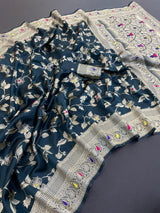 Magnetic Teal Blue Soft Banarasi Silk Saree With Petrichor Blouse Piece