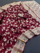 Charismatic Wine Soft Banarasi Silk Saree With Proficient Blouse Piece